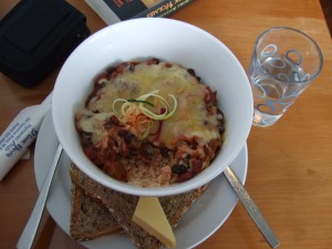 Mediaum size, beans, rice with cheese on top. $12